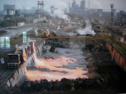 Matthias Koch, het storten van slakken bij Thysen in Duisburg - genomen vanaf zijn brandweerladder