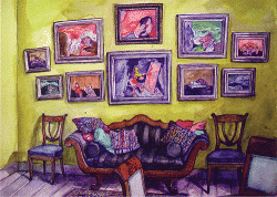 wand met werk van Paula Thies, geschilderd door Jaap Nieuwenhuis